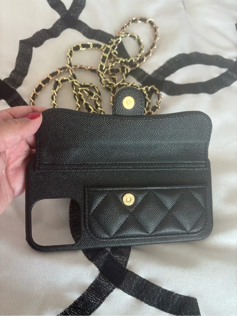 Black Quilted Leather Phone Crossbody Case with Gold Chain